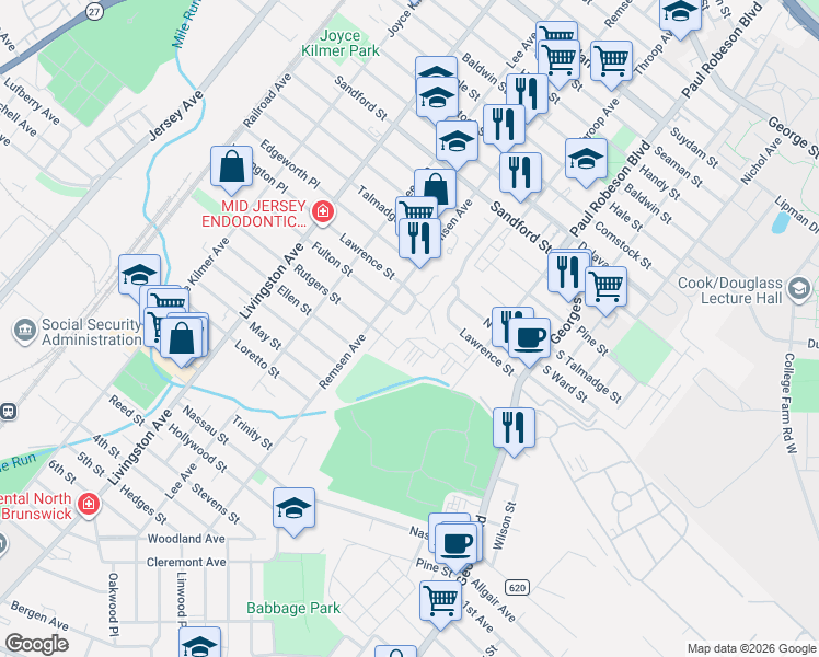 map of restaurants, bars, coffee shops, grocery stores, and more near 814 Cedar Court in New Brunswick
