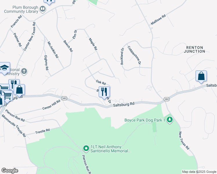 map of restaurants, bars, coffee shops, grocery stores, and more near 8105 Nuttals Grove Road in Plum