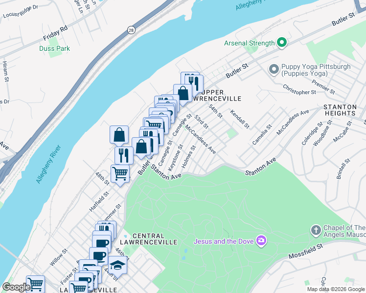map of restaurants, bars, coffee shops, grocery stores, and more near in Pittsburgh