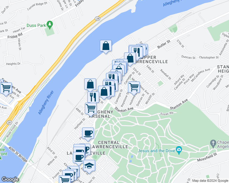 map of restaurants, bars, coffee shops, grocery stores, and more near 5145 Butler Street in Pittsburgh