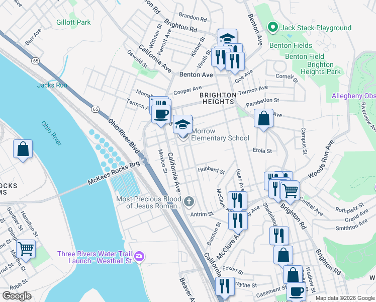 map of restaurants, bars, coffee shops, grocery stores, and more near 3528 Massachusetts Avenue in Pittsburgh