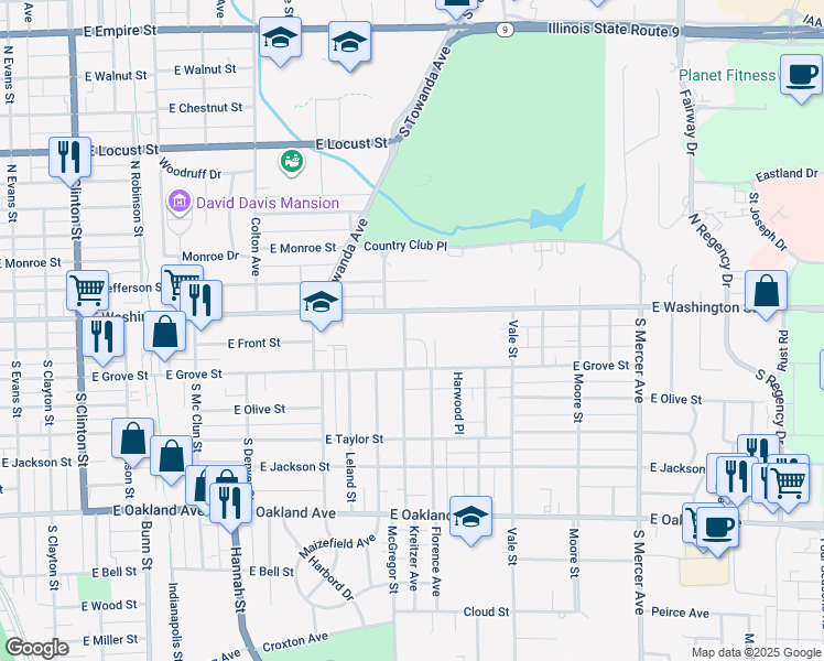map of restaurants, bars, coffee shops, grocery stores, and more near 1306 East Grove Street in Bloomington