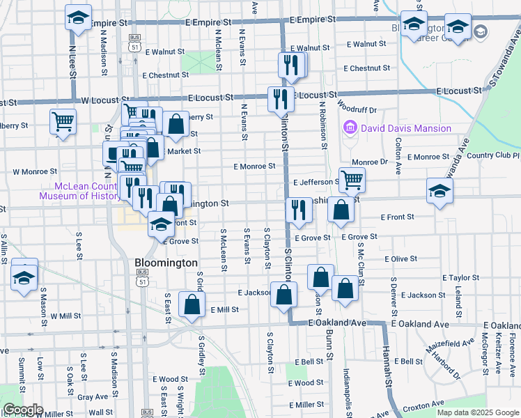 map of restaurants, bars, coffee shops, grocery stores, and more near 612 East Front Street in Bloomington