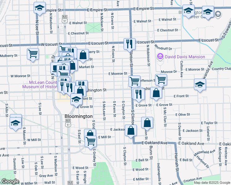 map of restaurants, bars, coffee shops, grocery stores, and more near 502 East Front Street in Bloomington