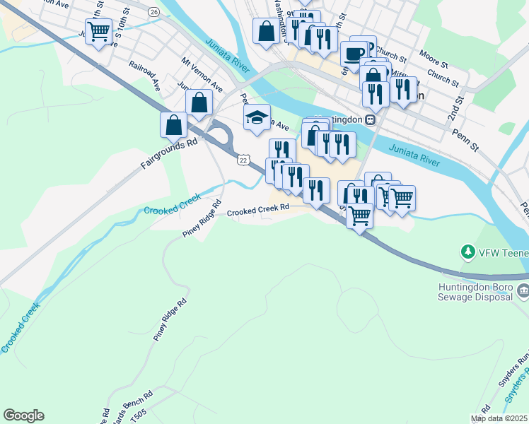 map of restaurants, bars, coffee shops, grocery stores, and more near Crooked Creek Road in Huntingdon