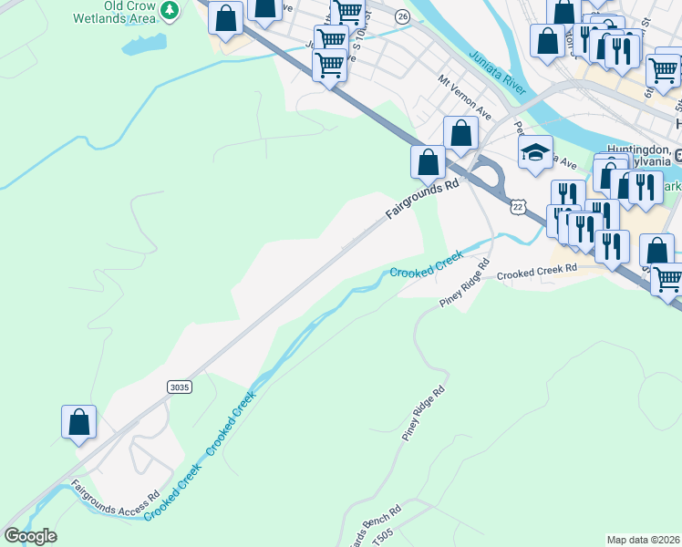 map of restaurants, bars, coffee shops, grocery stores, and more near 10347 Fairgrounds Road in Huntingdon