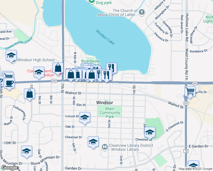 map of restaurants, bars, coffee shops, grocery stores, and more near 301 Main Street in Windsor