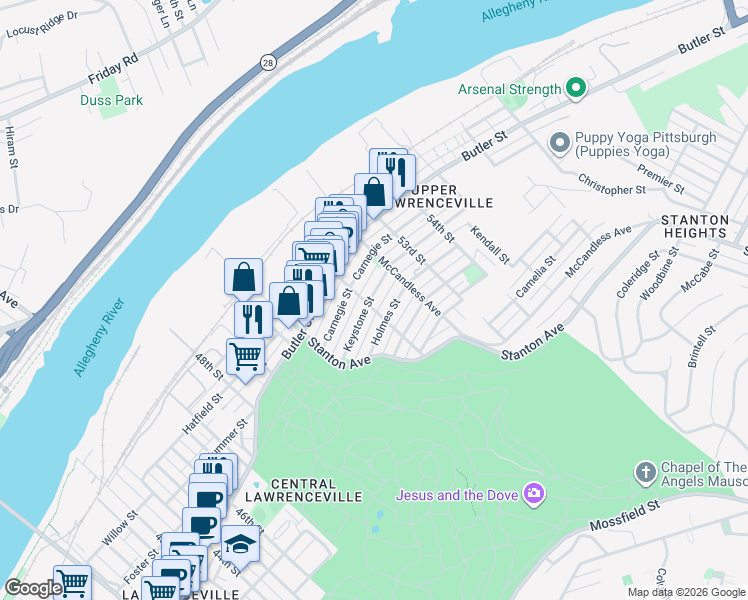 map of restaurants, bars, coffee shops, grocery stores, and more near in Pittsburgh