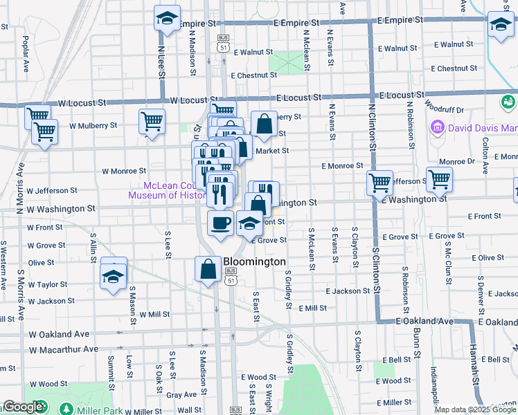 map of restaurants, bars, coffee shops, grocery stores, and more near 201 East Washington Street in Bloomington