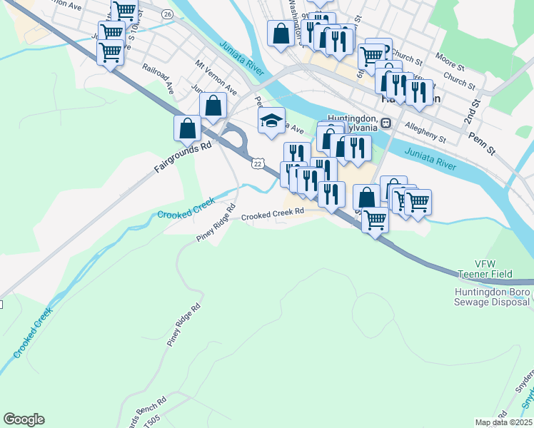 map of restaurants, bars, coffee shops, grocery stores, and more near Crooked Creek Road in Huntingdon