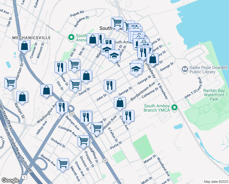 map of restaurants, bars, coffee shops, grocery stores, and more near 145 South Pine Avenue in South Amboy