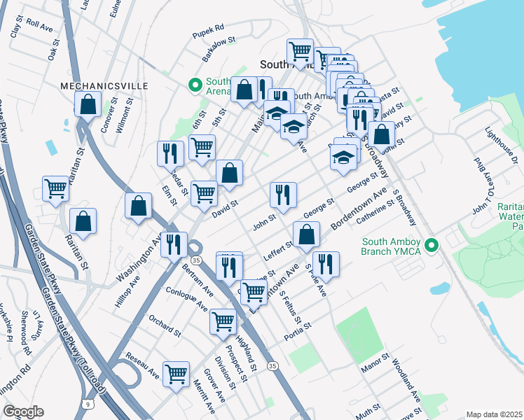 map of restaurants, bars, coffee shops, grocery stores, and more near 422 John Street in South Amboy