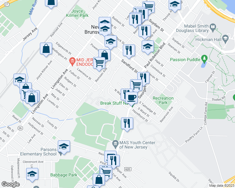 map of restaurants, bars, coffee shops, grocery stores, and more near 1226 Dogwood Court in New Brunswick