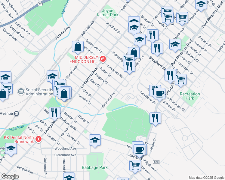 map of restaurants, bars, coffee shops, grocery stores, and more near 361 Remsen Avenue in New Brunswick