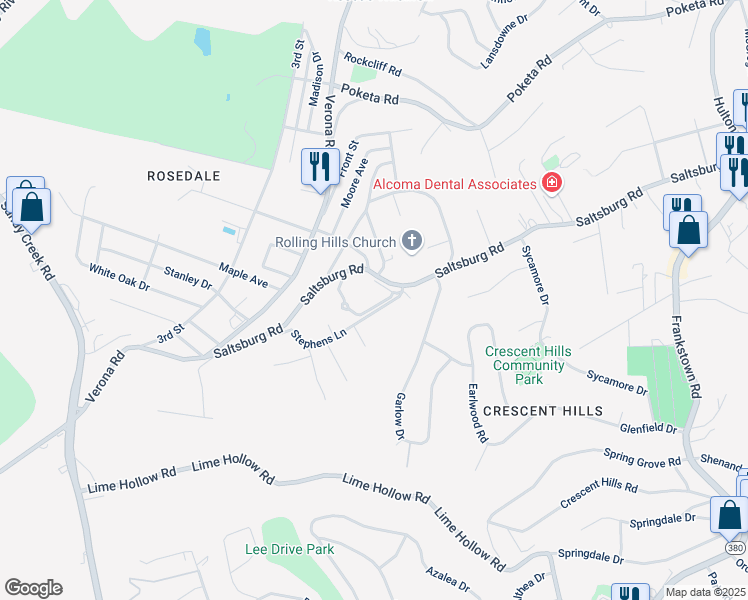 map of restaurants, bars, coffee shops, grocery stores, and more near 104 Cristie Drive in Verona