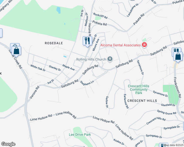map of restaurants, bars, coffee shops, grocery stores, and more near 121 Stephens Lane in Verona