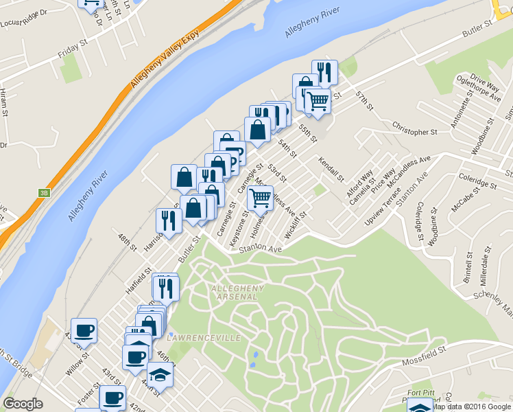 map of restaurants, bars, coffee shops, grocery stores, and more near in Pittsburgh