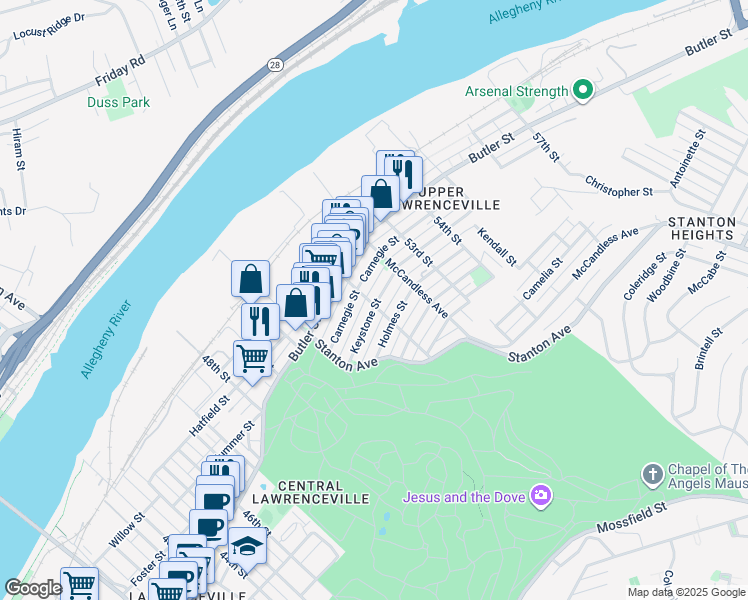 map of restaurants, bars, coffee shops, grocery stores, and more near in Pittsburgh