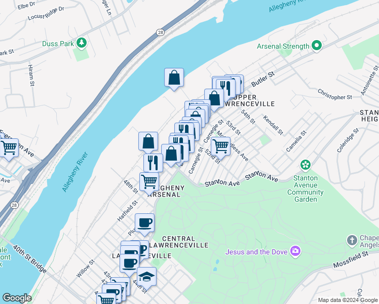map of restaurants, bars, coffee shops, grocery stores, and more near 5145 Butler Street in Pittsburgh
