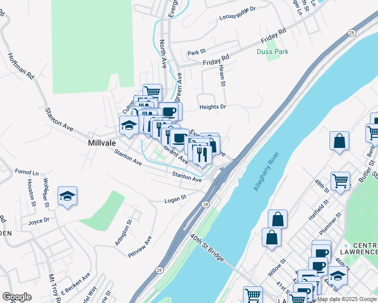 map of restaurants, bars, coffee shops, grocery stores, and more near 111 Sheridan Street in Pittsburgh