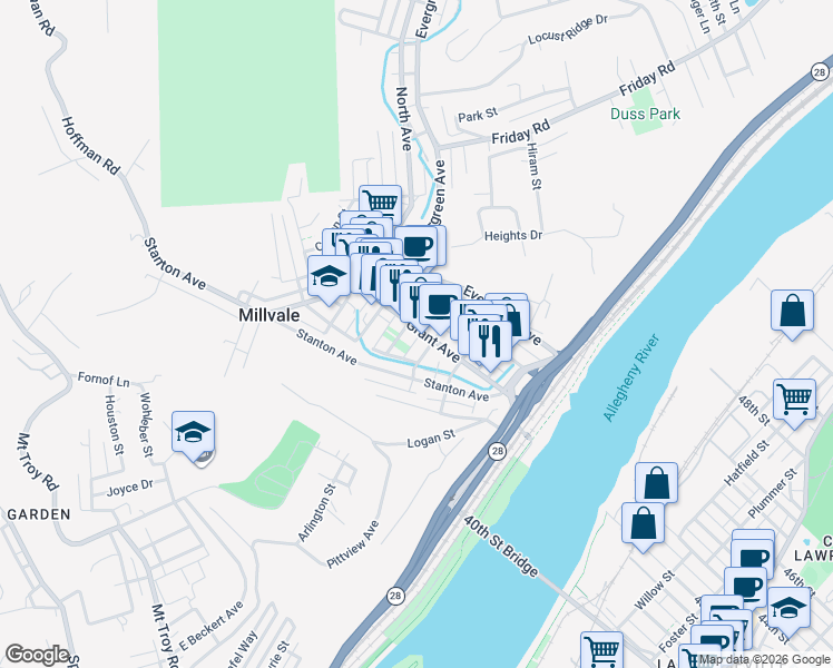 map of restaurants, bars, coffee shops, grocery stores, and more near 19 East Sherman Street in Pittsburgh