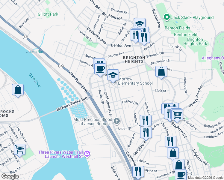 map of restaurants, bars, coffee shops, grocery stores, and more near 3528 Massachusetts Avenue in Pittsburgh