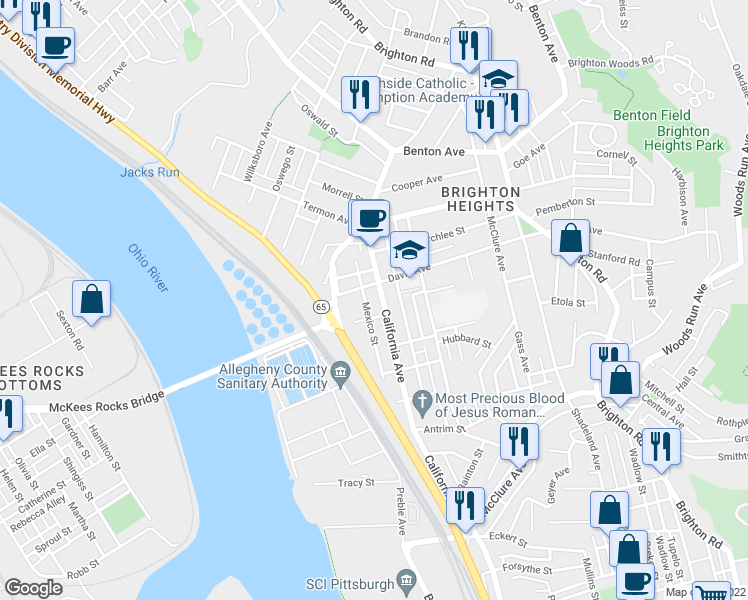 map of restaurants, bars, coffee shops, grocery stores, and more near 1800 Fairlee Street in Pittsburgh