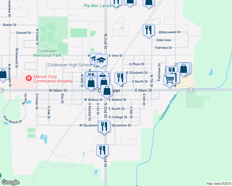 map of restaurants, bars, coffee shops, grocery stores, and more near 204 East Walnut Street in Coldwater