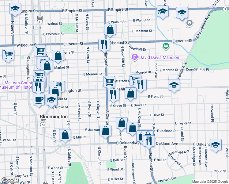 map of restaurants, bars, coffee shops, grocery stores, and more near 817 East Front Street in Bloomington