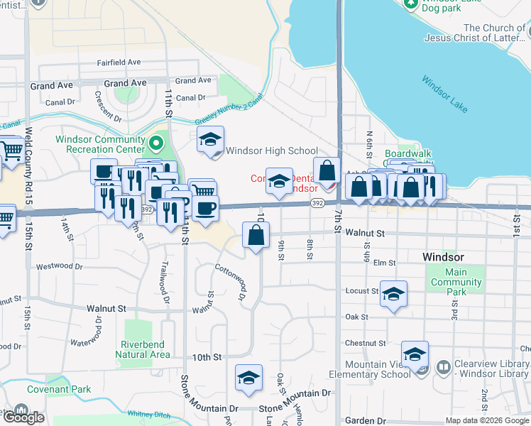 map of restaurants, bars, coffee shops, grocery stores, and more near 216 9th Street in Windsor