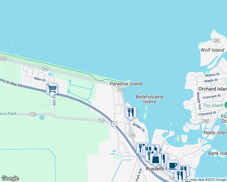 map of restaurants, bars, coffee shops, grocery stores, and more near 461 Westview St in Russells Point