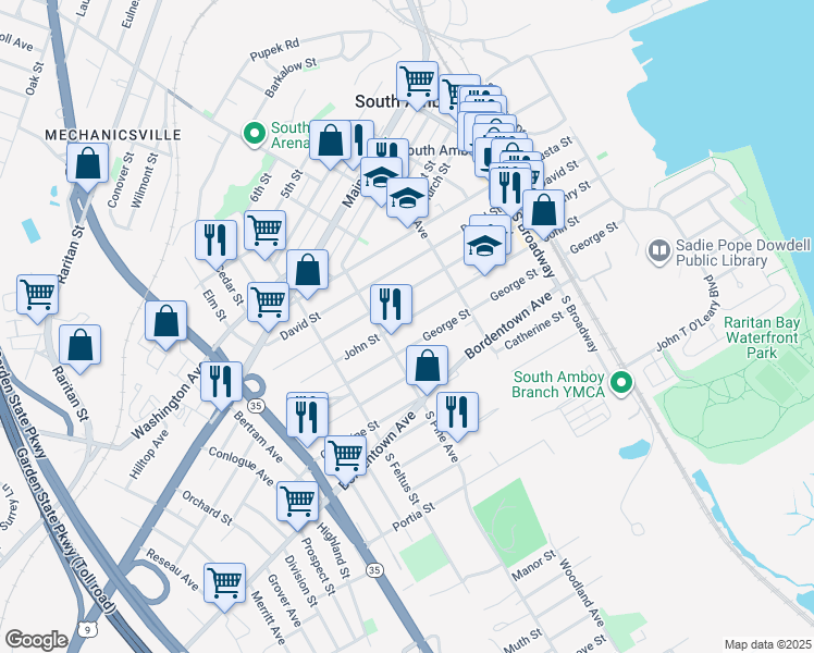 map of restaurants, bars, coffee shops, grocery stores, and more near 145 South Pine Avenue in South Amboy