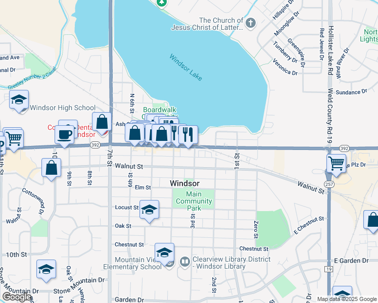 map of restaurants, bars, coffee shops, grocery stores, and more near 301 Main Street in Windsor