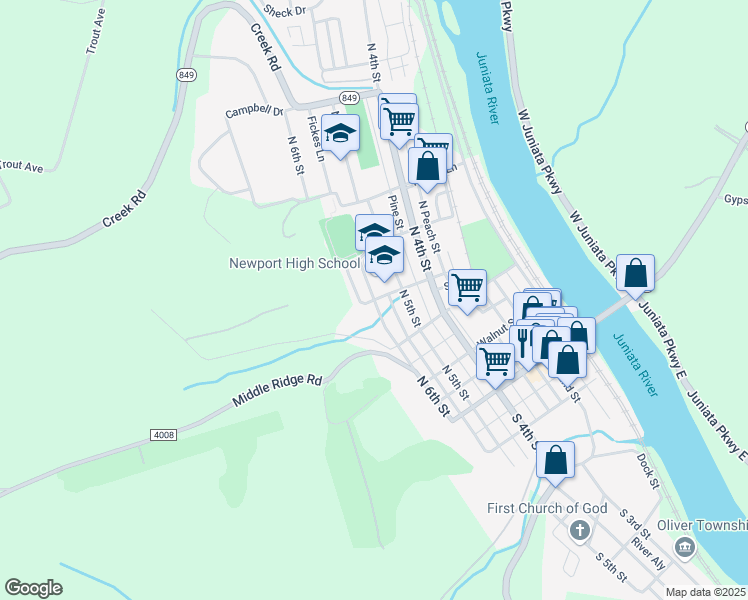 map of restaurants, bars, coffee shops, grocery stores, and more near 300 North 6th Street in Newport