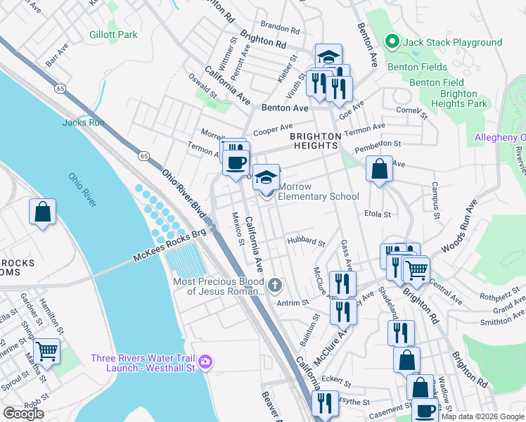 map of restaurants, bars, coffee shops, grocery stores, and more near 3528 Massachusetts Avenue in Pittsburgh