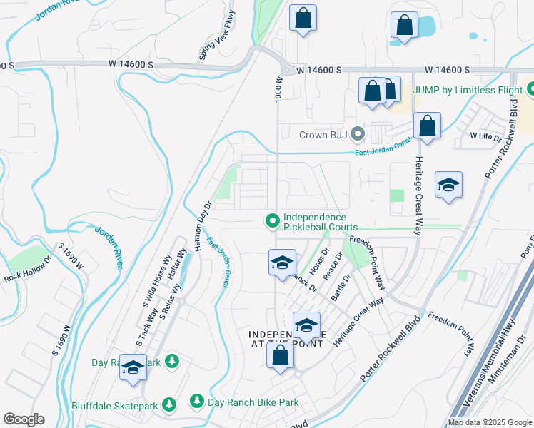 map of restaurants, bars, coffee shops, grocery stores, and more near 1017 Coyote Gulch Way in Bluffdale