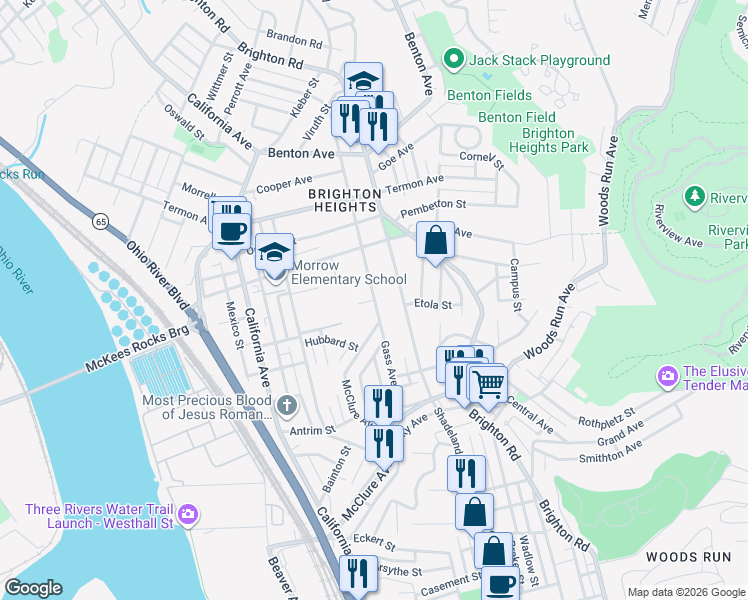 map of restaurants, bars, coffee shops, grocery stores, and more near McClure Avenue in Pittsburgh