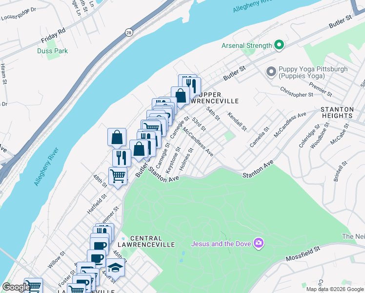 map of restaurants, bars, coffee shops, grocery stores, and more near in Pittsburgh