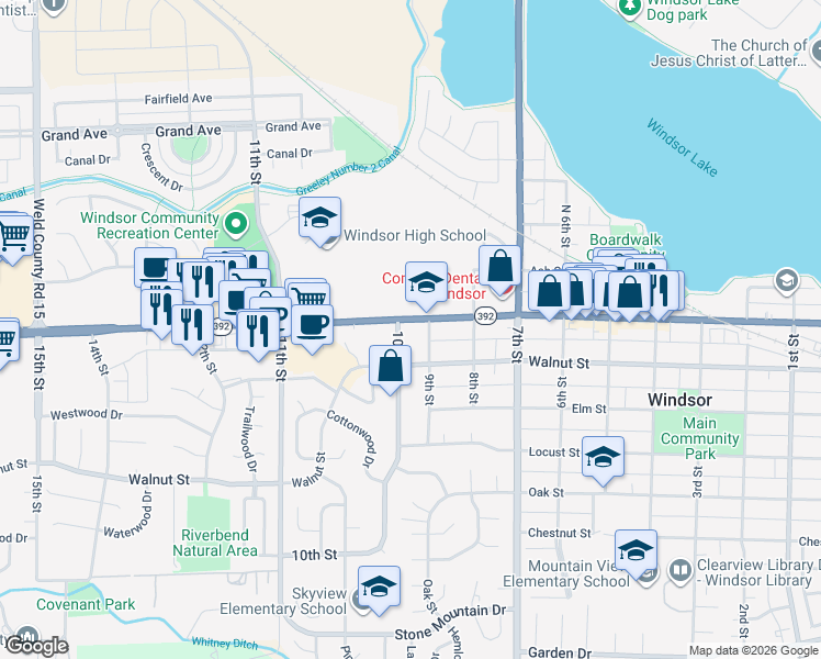 map of restaurants, bars, coffee shops, grocery stores, and more near 216 9th Street in Windsor