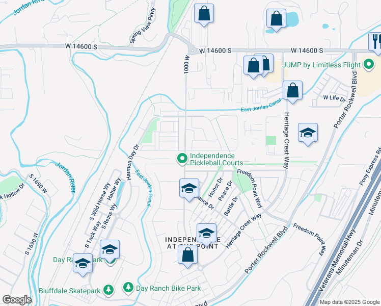 map of restaurants, bars, coffee shops, grocery stores, and more near 981 Freedom Point Way in Riverton