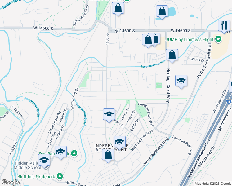 map of restaurants, bars, coffee shops, grocery stores, and more near 978 Freedom Point Way in Riverton