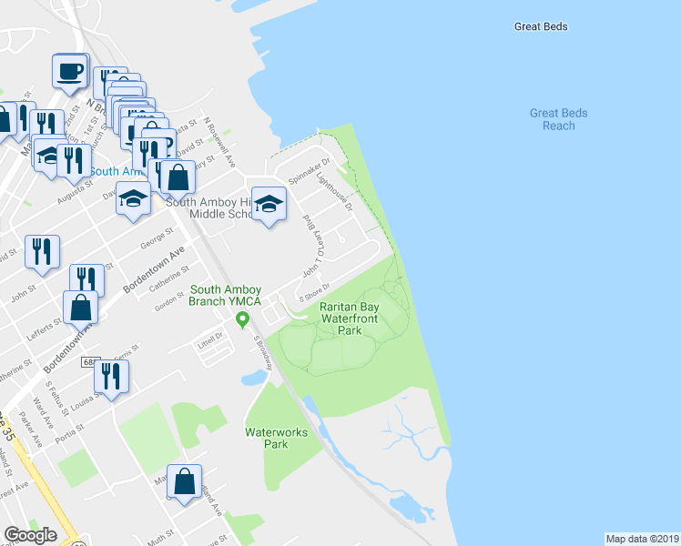 map of restaurants, bars, coffee shops, grocery stores, and more near 78 South Shore Drive in South Amboy