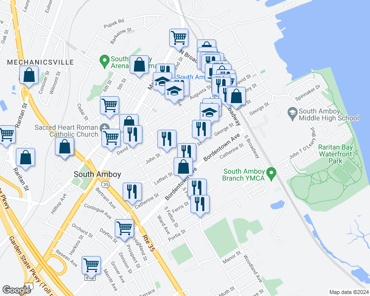 map of restaurants, bars, coffee shops, grocery stores, and more near 341 George Street in South Amboy