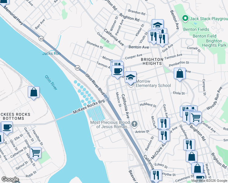 map of restaurants, bars, coffee shops, grocery stores, and more near 1800 Fairlee Street in Pittsburgh