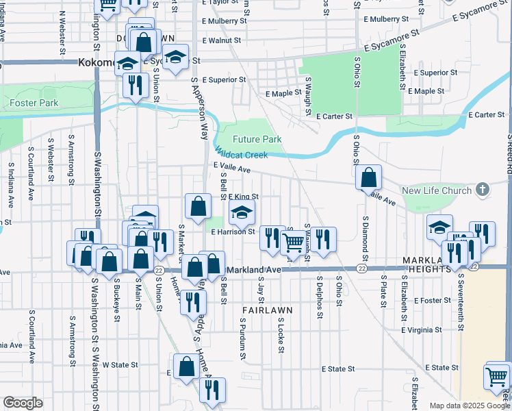 map of restaurants, bars, coffee shops, grocery stores, and more near 729 South Jay Street in Kokomo