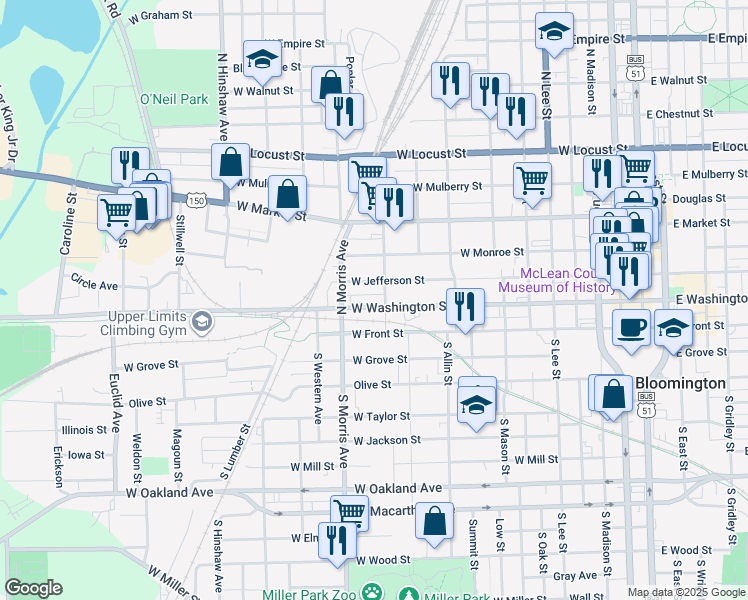 map of restaurants, bars, coffee shops, grocery stores, and more near 908 West Washington Street in Bloomington