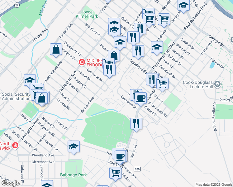 map of restaurants, bars, coffee shops, grocery stores, and more near 814 Cedar Court in New Brunswick