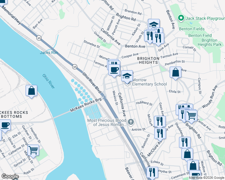 map of restaurants, bars, coffee shops, grocery stores, and more near 1800 Fairlee Street in Pittsburgh