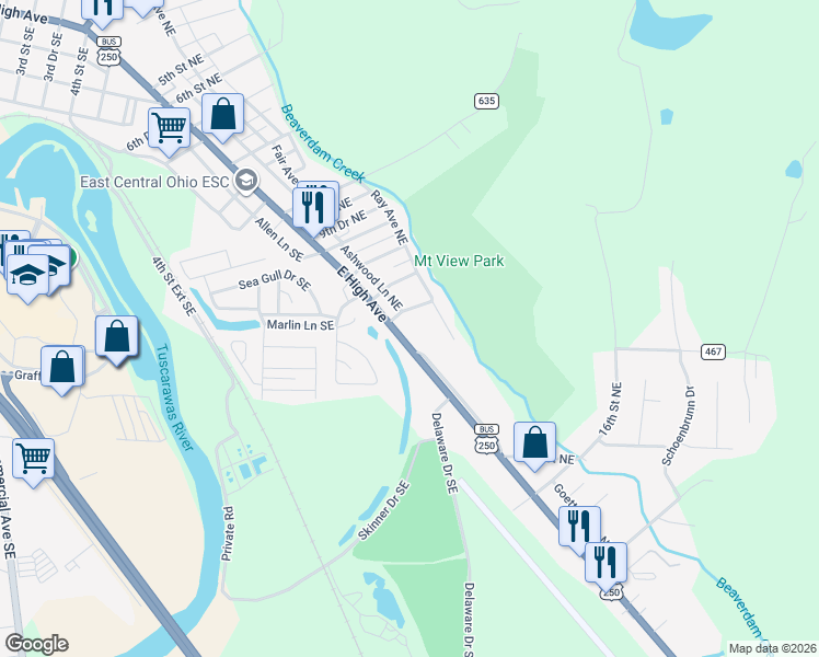 map of restaurants, bars, coffee shops, grocery stores, and more near 1383 E High Ave in New Philadelphia