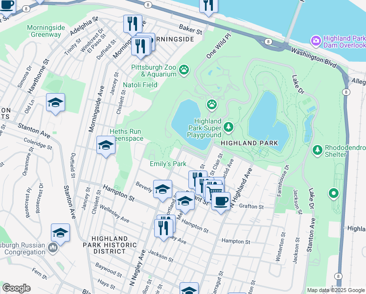 map of restaurants, bars, coffee shops, grocery stores, and more near 1422 North Negley Avenue in Pittsburgh